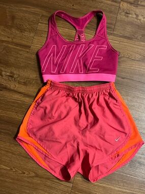 Nike Hot Pink Dri-FIT Sports Bra with Silver Logo Shorts(XS) Bra(S)